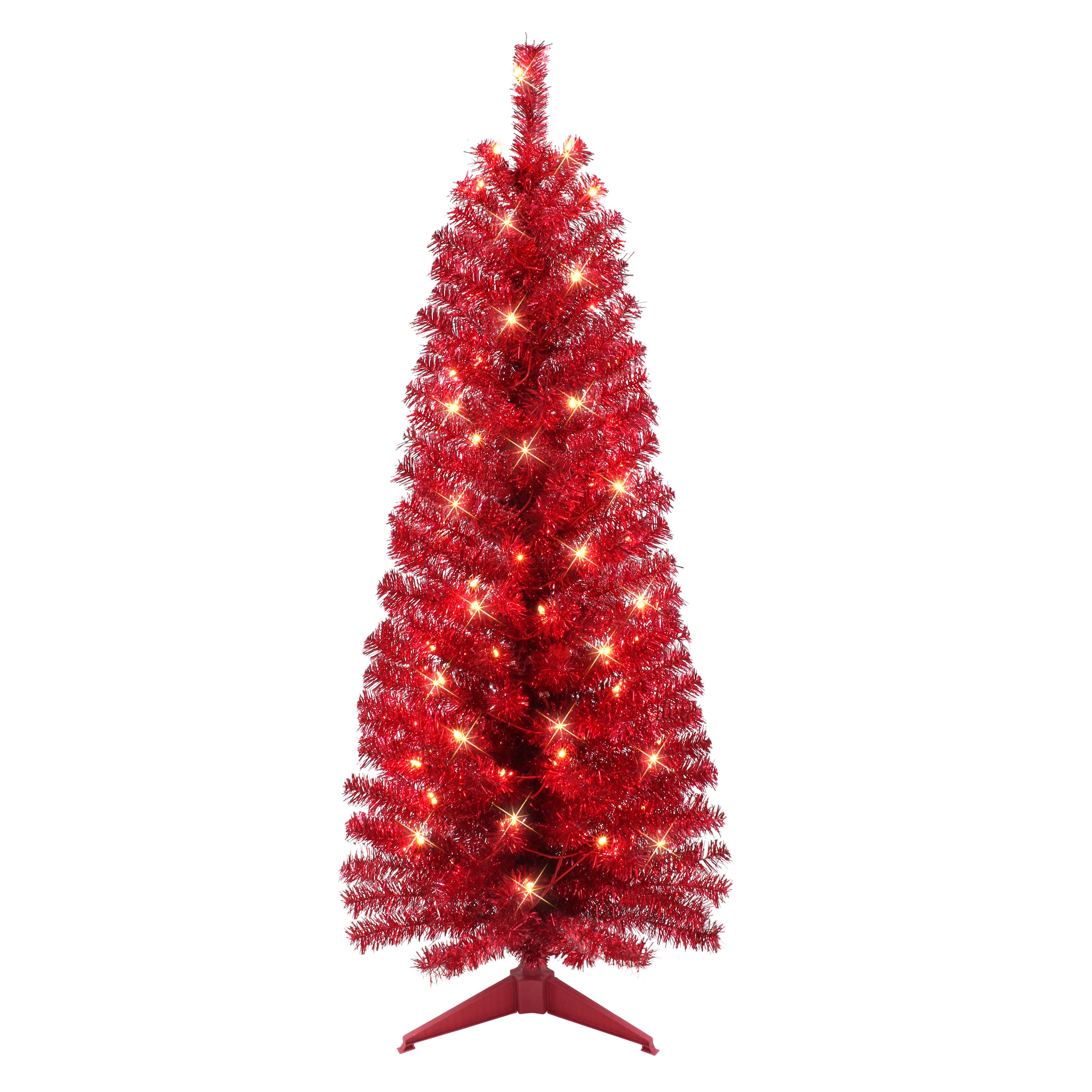 4.5 ft Pre-lit Red Tinsel Tree 160 Tips 70 UL Clear Lights Stand included 2675A-STRD45C07